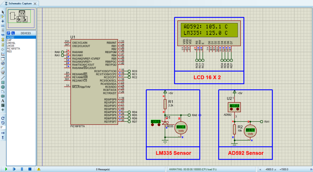 Proteus simulation circuit design for PIC16F877A temperature sensing project with LM335 and AD592 sensors.