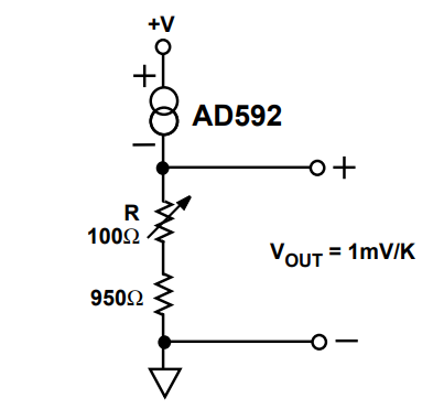 AD592 monolithic temperature transducer with proportional current output.