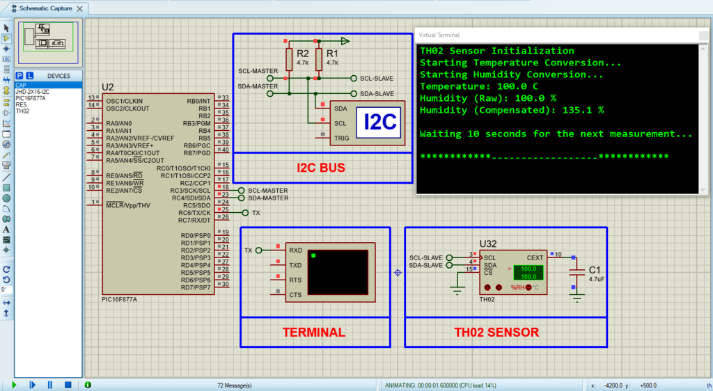 Circuit design for TH02 I2C sensor project simulation in Proteus.