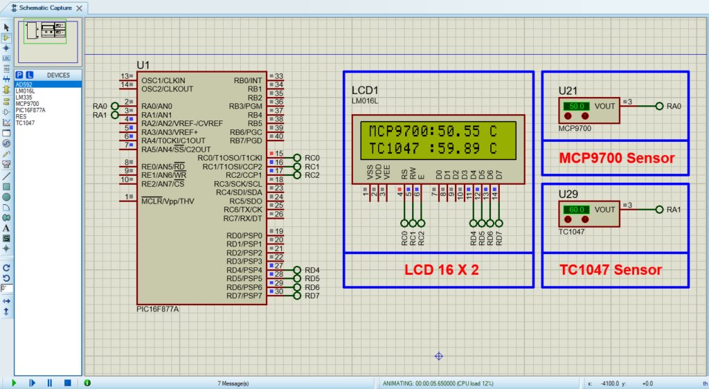 Proteus 8 Circuit Design for TC1047 and MCP9700 Temperature Sensors Project