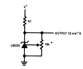 LM335 precision temperature sensor calibrated for Kelvin scale output."