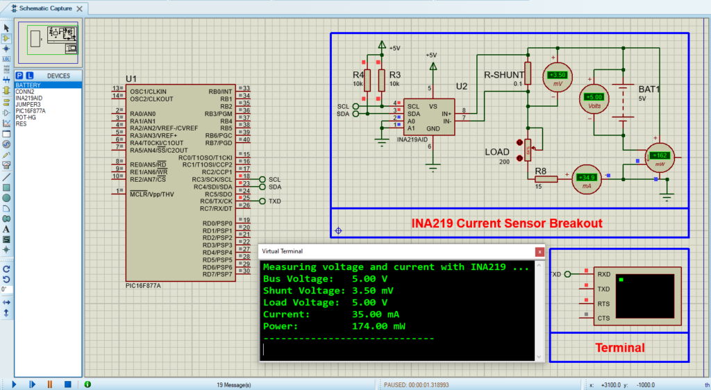 Proteus simulation circuit design for the PIC16F877A and INA219AID energy monitoring project, showing connections and components.