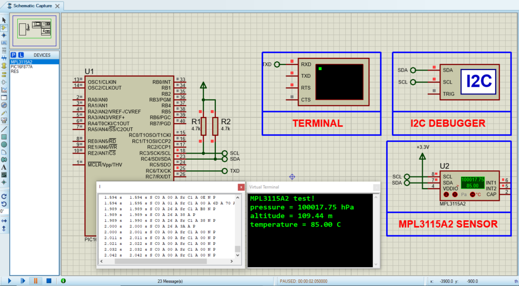 Proteus 8 simulation circuit design for the MPL3115A2 sensor project, demonstrating microcontroller integration and sensor connectivity.