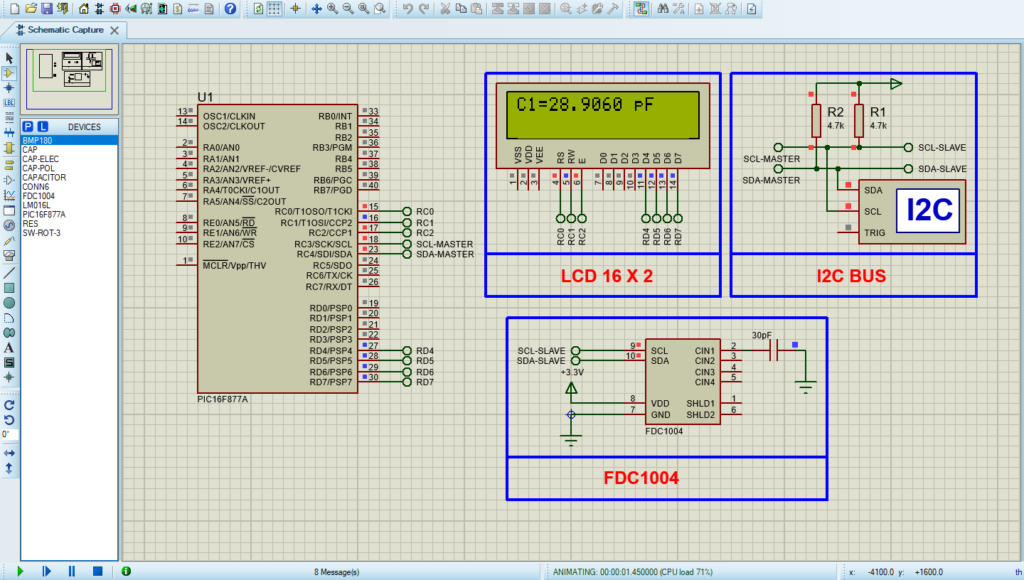 Proteus 8 simulation circuit design for FDC1004 interfaced with PIC16F877A microcontroller.