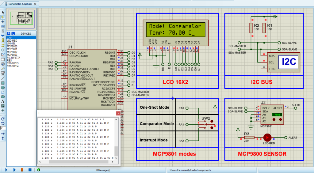 Circuit design for MCP9801 temperature sensor simulation in Proteus 8