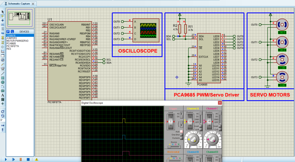 Proteus 8 simulation circuit design for PCA9685-based multi-servo motor control system