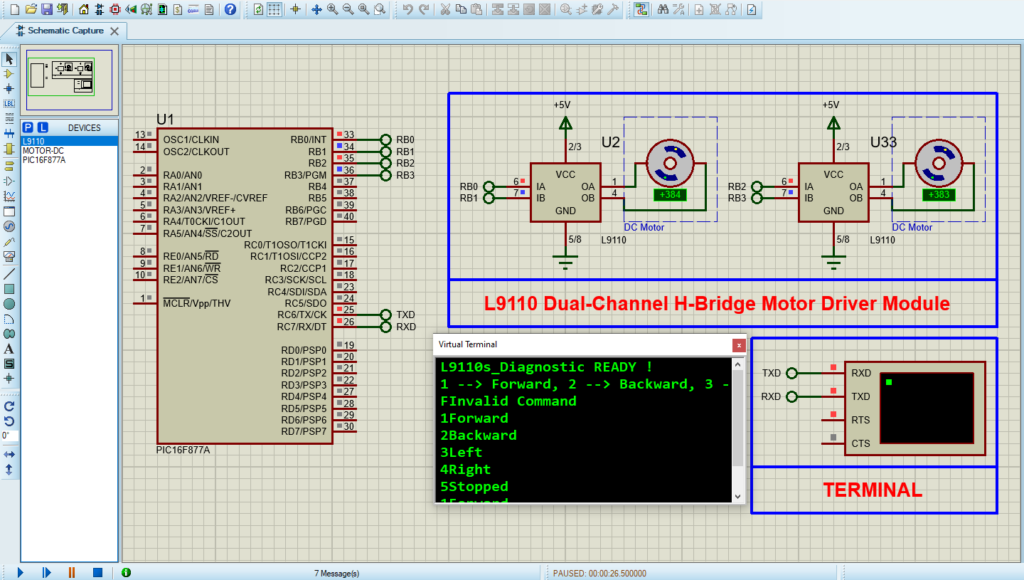 Proteus 8 simulation circuit design for interfacing the L9110 DC Motor Driver with a PIC16F877A microcontroller