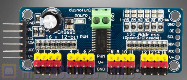 PCA9685 16-channel PWM controller for precise servo and LED control.