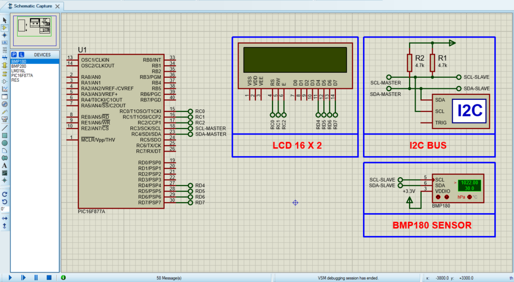 Proteus simulation circuit for BMP180 sensor