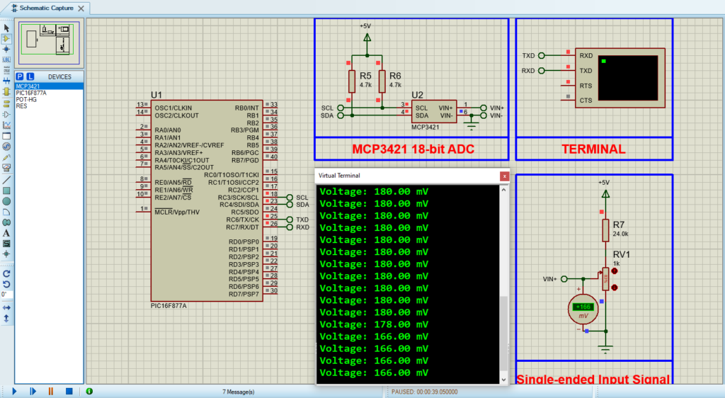 Circuit design for the PIC16F877A and MCP3421 project simulation in Proteus 8, showing connections for I2C communication and UART debugging