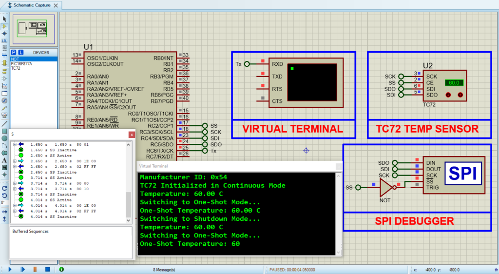 Proteus simulation circuit design for TC72 Temperature Sensor interfacing with a PIC microcontroller.